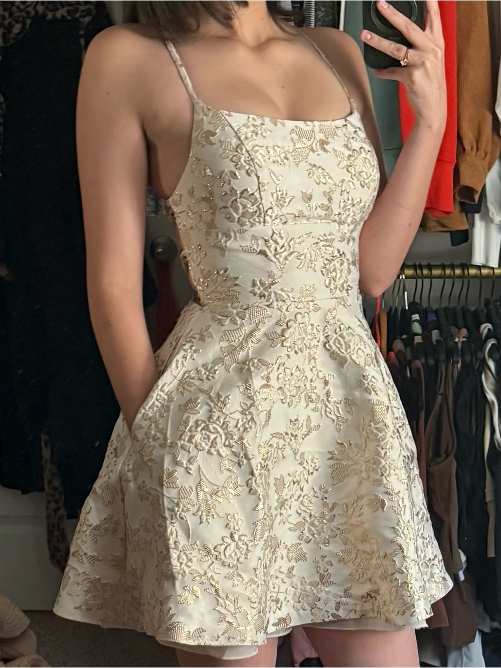 Elegant Ivory Gold Floral Fit-and-Flare Dress
